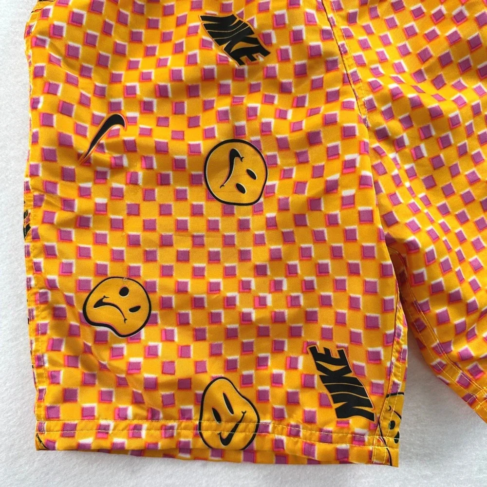 Nike Kids Large Orange Pink Checkered Smiley Face Swim Hyrbid Trunks Shorts Flaw